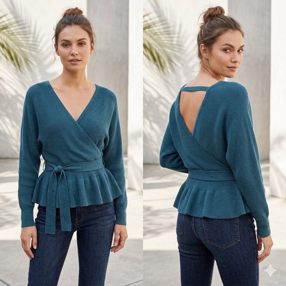 Teal Faux Wrap Sweater‎ L Open Back Peplum Tie Waist Ballet Ribbed Knit Sexy